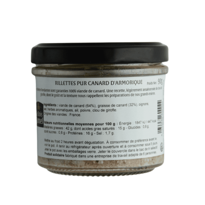 Etiquette descriptive des ingrédients du bocal de rillettes pur canard d'armorique de Bois Jumel